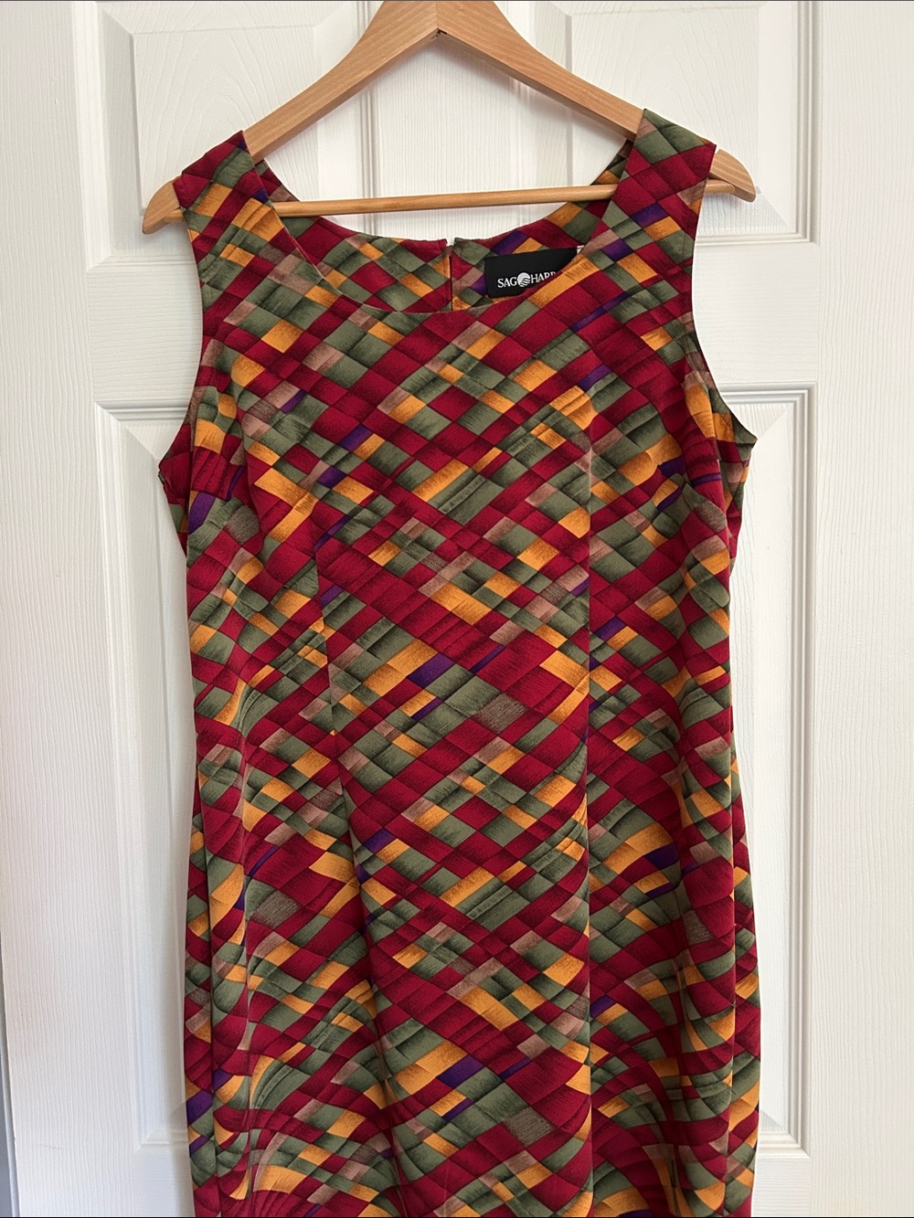 Vintage Sag Harbor Multicolor Plaid Sheath Dress - Red, Green & Gold, size 14